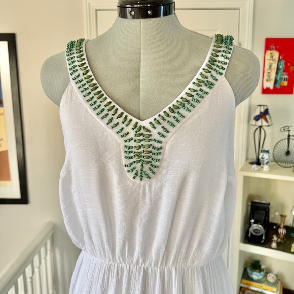 NEW with TAGS AGB White Maxi Gauze Dress with Green Beaded Accents (size S) - Picture 3 of 12